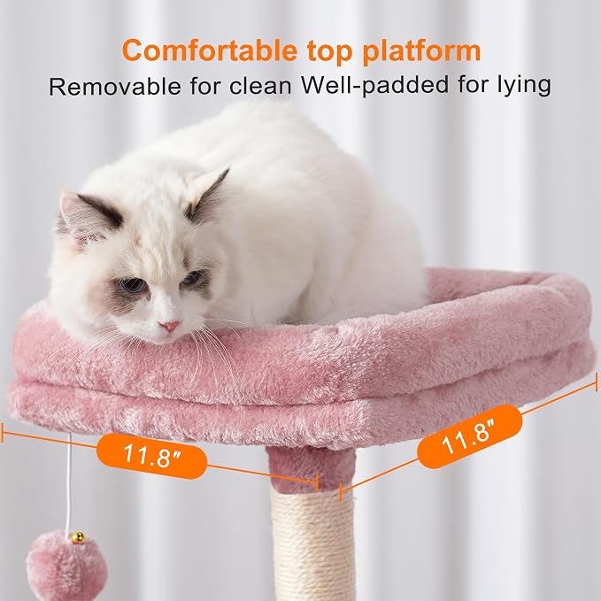 Heybly Cat Tree with Toy, 43.3 inch Cat Tower condo for Indoor Cats, Cat House with Padded Plush Perch, Cozy Hammock and Sisal Scratching Posts, Skin Pink HCT004SP
