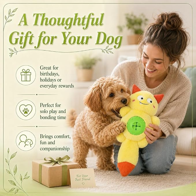 Cute Monster Plush Dog Chew Toy – Squeaky Ball, Crinkle Paper & Treat Dispenser, Washable Interactive Stuffed Toy for All Breeds, Relieves Boredom & Anxiety(Yellow)