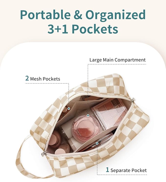 Narwey Checkered Travel Toiletry Bag for Women Traveling Dopp Kit Travel Bag for Toiletries Cosmetic Bag Makeup Bag Medicine Bag for Traveling (Light Brown Checkerboard)