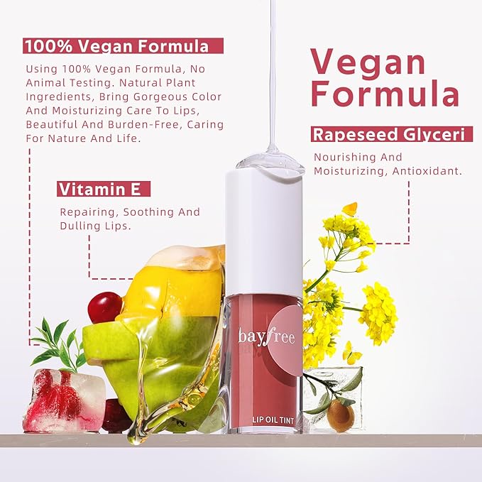bayfree Hydrating Tinted Lip Oil, Korean Lip Gloss with High Shine & Pigmented Color, Lightweight Non-Sticky Formula for Dry Lips, Vitamin E Enriched for All-Day Moisturizing, Vegan & Cruelty-Free