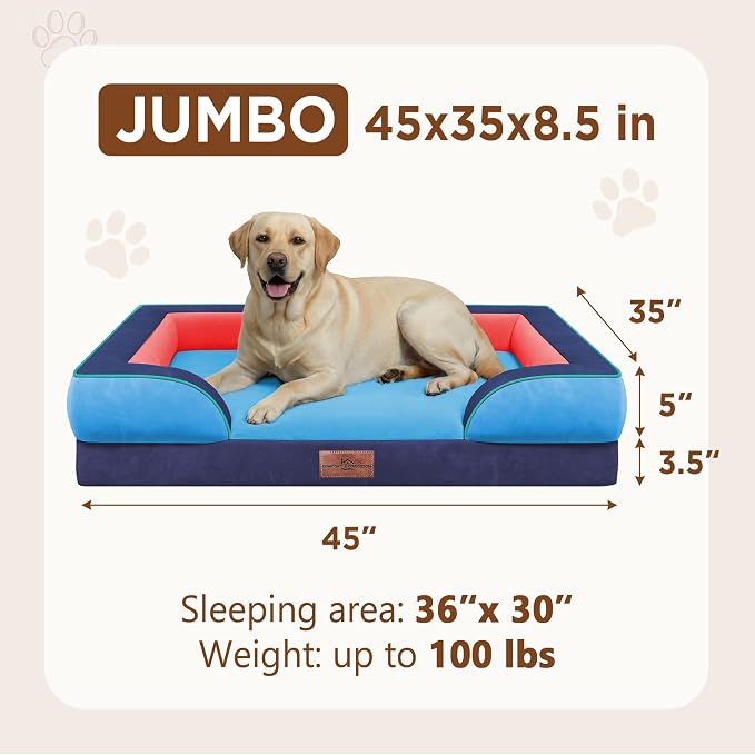 Comfort Expression Orthopedic Dog Bed for Extra Large Dogs with Bolster | Waterproof Dog Couch Bed with Washable Cover & Non-Slip Bottom, Supportive Egg Crate Foam XL Pet Bed, 45x35 Inch