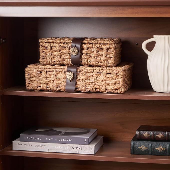 Wicker Storage Basket with Lid, 2-Piece Set Decorative Box with Lid, Water Hyacinth Woven Decorative Box for Shelf, Coffee Table, Console Table, Home Decor