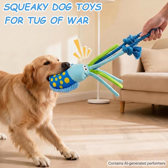 Durable Squeaky Plush Rope Dog Tug Toy for Large Aggressive Chewers
