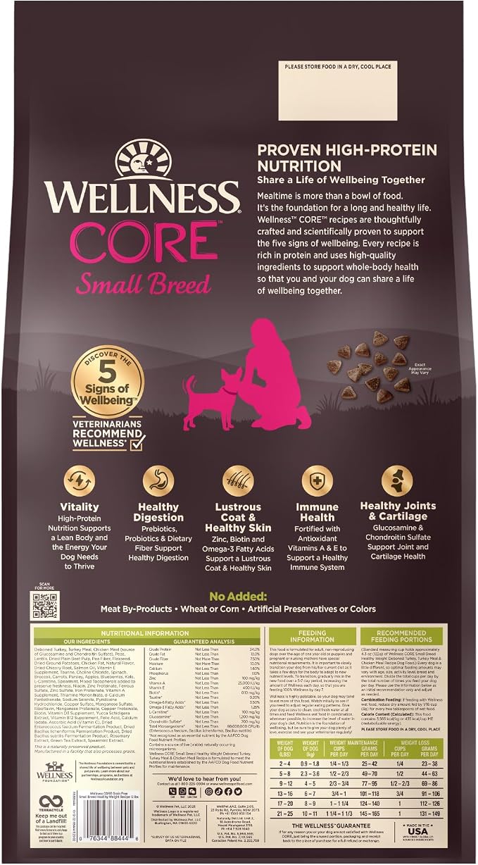 Wellness CORE Healthy Weight Small Breed Adult Dry Dog Food, Grain Free Kibble, Natural, High Protein, Turkey and Chicken Recipe, 12 lb Bag