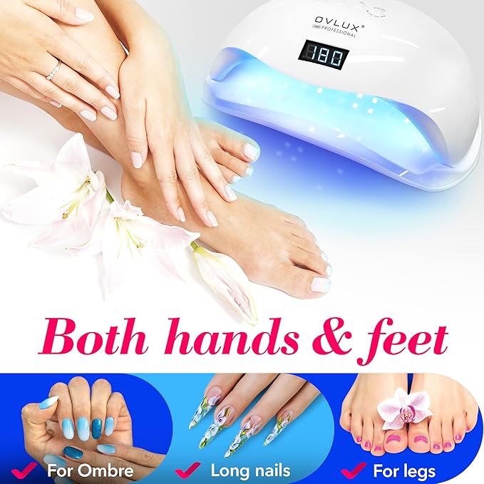 OVLUX 180W UV LED Nail Lamp – Professional Fast Nail Dryer for Gel Polish with 57 LEDs, Auto Sensor, LCD Display, 4 Timer Settings, Cures Fingernails & Toenails, Salon Quality for All Gel Types