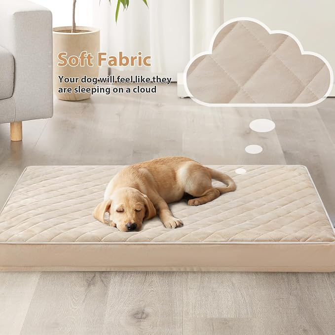 WNPETHOME Orthopedic Waterproof Extra Large Senior Dogs Bed for Comfy Sleep | XL Washable Ped Bed with Removable Cover, Multi-Needle Quilting XL Crate Bed for Large Sized Dog Relax, Beige 42x30 Inch