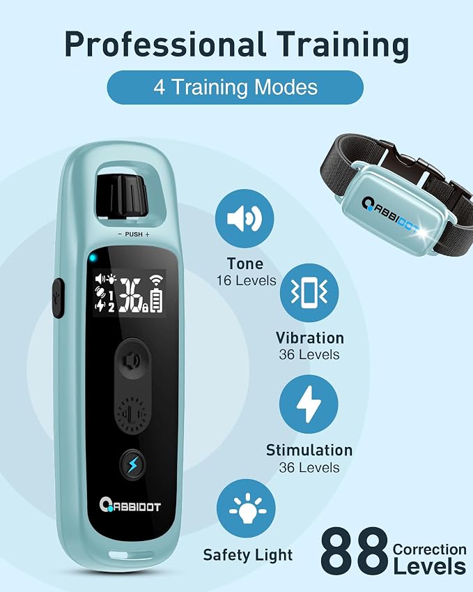 ABBIDOT Shock Collar for Dogs, 3300 FT Dog Training Collar with Remote, IPX7 Waterproof with 4 Training Modes, Rechargeable E-Collar for All Breeds (15-120 lbs) (Light Blue, 1 Collar)