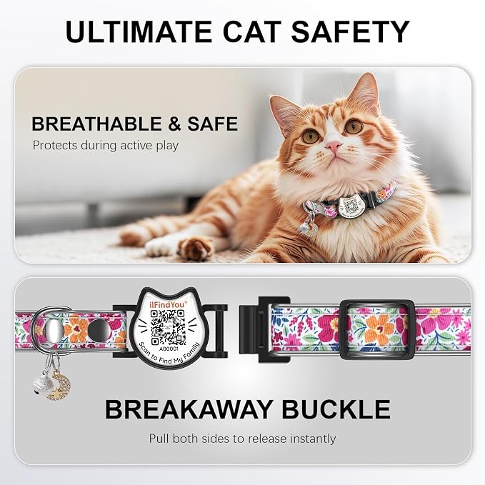 Breakaway Cat Collar QR Code, Reflective Bell, Adjustable Kitten Red Flower