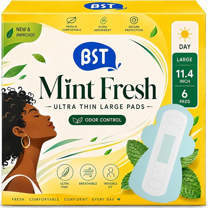 BST Mint Fresh Pads for Women, Breathable Thin Sanitary Napkins with Wings, Odor Control, Heavy Absorbency, Feminine Care, Active Lifestyle Use（Large 6 Count Packaging May Vary）