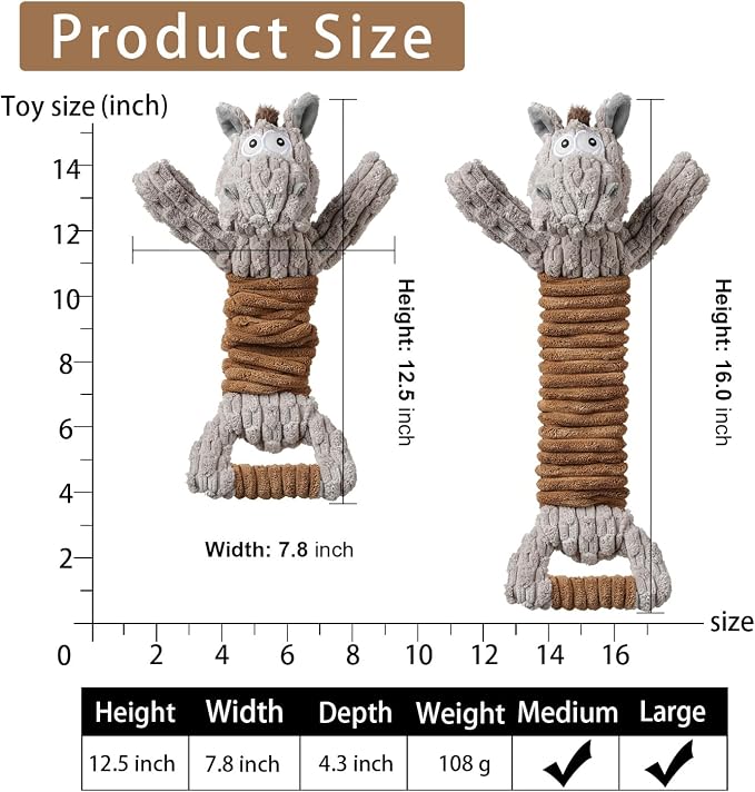 Tug of War Dog Toy, Crinkle Dog Toys for Large Dog, Soft Dog Plush Toy with Squeaky, Stuffed Animal for Dogs (Tug Series, Donkey)