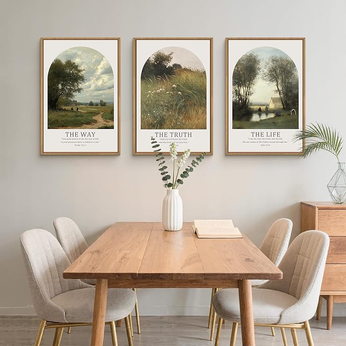 FWIEXA Christian Bible Verse Canvas Wall Art Set 3, Easter Vintage Scripture Framed Painting, Religious Landscape Decor, The Way The Truth The Life Artwork, 16x24In Prints for Living Room,Bedroom,Prayer Room