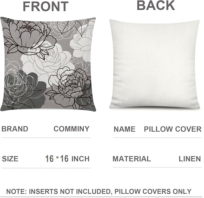 COMMINY Grey Floral Pillow Covers 16x16 Set 6 Farmhouse Throw Cover | farmhouse daisy dahlia flower, decorative cushion cover, Breathable Linen, Bedroom Accent pillow chair small Sofa Couch