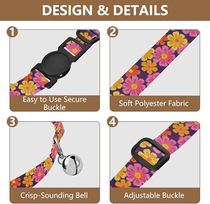 Tropical Pink Flowers Collars for Cats, 2 Pack Dog Bell Collar