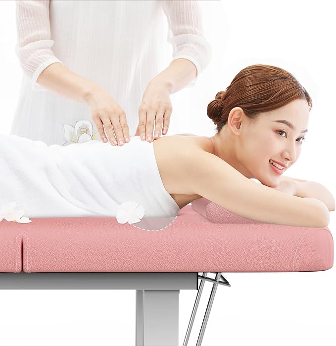 Metal Frame Wide Stationary Massage Table for Treatment Table Physical Therapy Table Spa Facial Bed, PU Leather 31.5'' Wide 75'' Long (Pink, Integral Structure)