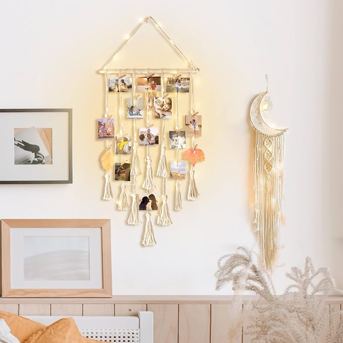 Gifts for Teenage Girls, Hanging Photo Display & Moon Dream Catchers, Christmas Teen Girls Gifts Ideas Ages 10 11 12 13 14 Years Old, Macrame Wall Decor Boho Bedroom Dorm Aesthetic Room Decor