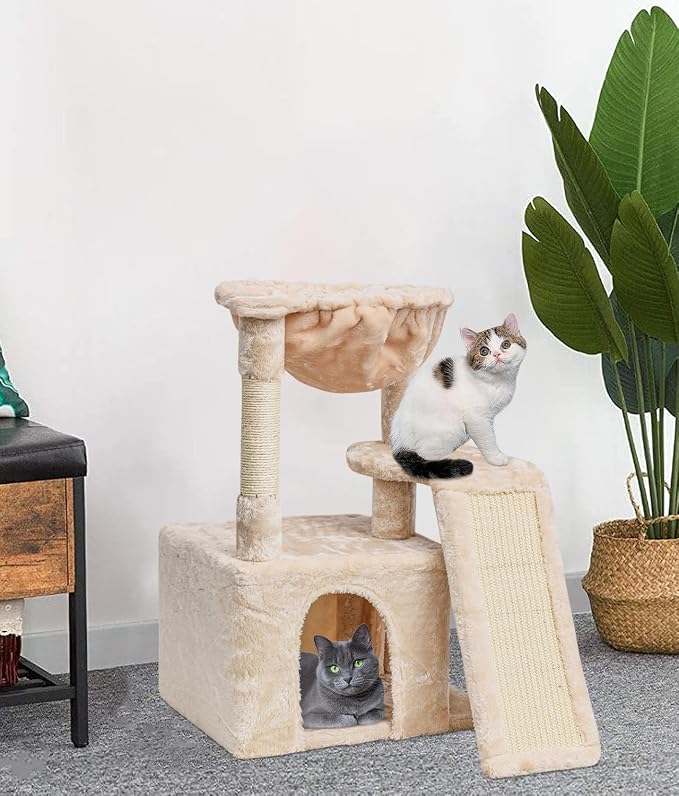 SYANDLVY Cat Tree for Indoor Cats Large Adults, Modern Activity Tower with Scratching Posts & Board, Condo with Plush Perch, Climbing Stand with Cradle & Hanging Ball for Play, Beige