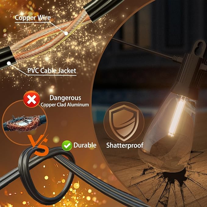 beatineon Outdoor String Lights 150ft, LED Patio Lights with 78 (75+3 Spare ST38 Shatterproof Bulbs), IP 65 Waterproof, Outside Hanging Light for Cafe Bistro Backyard (150 ft-78 Bulbs)