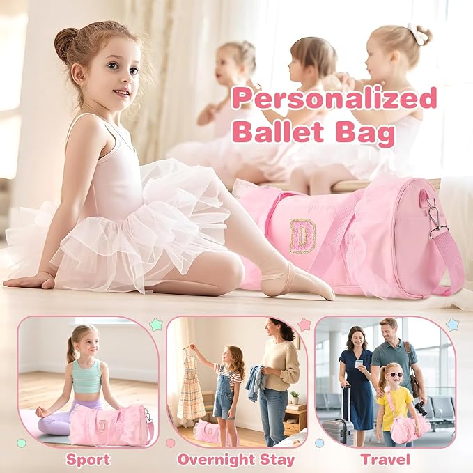 Personalized Initial Dance Bag for Girls 6-9, Medium Lace Gym Sport Yoga Cheer Dance Bags Gift for Teen Girls, Cute Letter Kids Ballet Bag Toddler Travel Duffel Tote with Adjustable Straps(Pink-D)