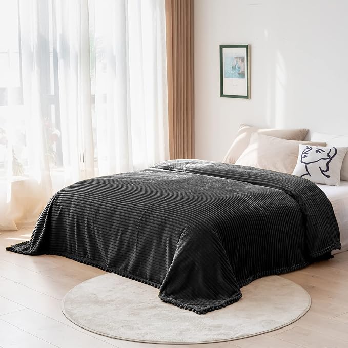 DISSA Fleece Blanket Twin Size – 60x80, Black - Soft, Plush, Fluffy, Fuzzy, Warm, Cozy – Perfect Throw for Couch, Bed, Sofa - with Pompom Fringe - Flannel Blanket