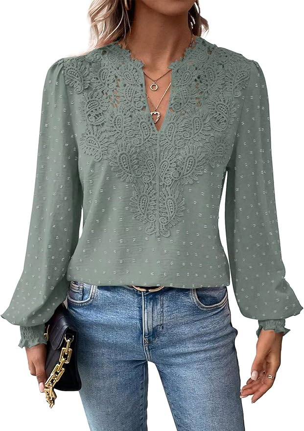 Womens Tops Swiss Dot Boho Long Sleeve Shirts V Neck Casual Chiffon Blouses Flowy Lace Hem Cute Clothing Trendy 2026