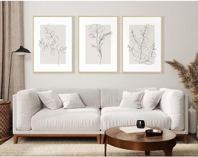 Neutral Botanical Prints Wall Art Flower Minimalist Canvas Wall Decor Vintage Line Wall Art Floral Plant Painting Pictures Beige Boho Artwork Farmhouse Poster for Bedroom 12x16 Inch Framed Set of 3