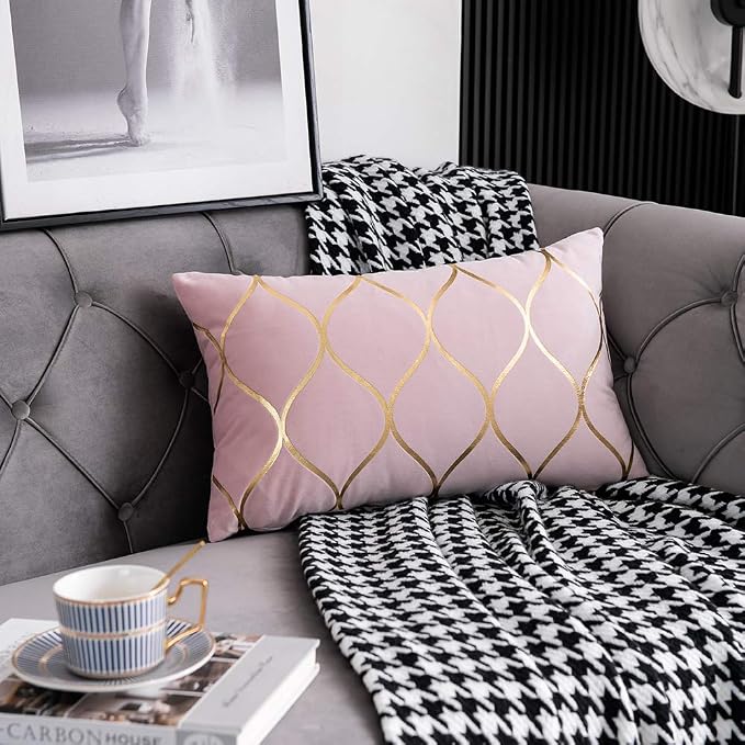 Gold Velvet Throw Pillow Covers: 2 Pack 12x20 Inch Rectangular Decorative Pillow Cases for Bedroom Sofa Couch Living Room, Pink
