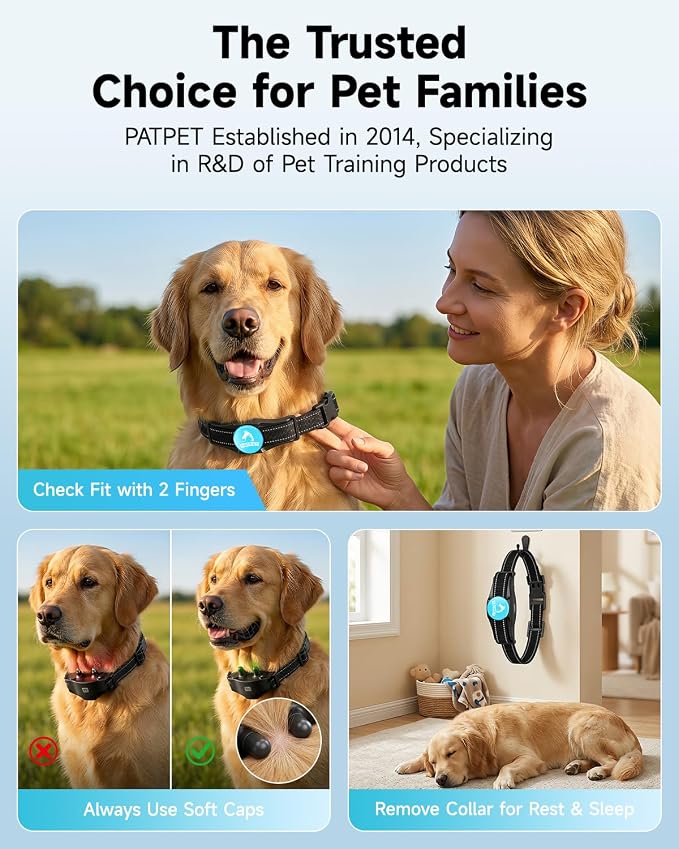 PATPET Shock Collar for Large Dog - Rechargeable Dog Training Collar with Remote for Medium Large Dogs 1000Ft Remote Range 3 Training Modes IPX7 Waterproof Blue,For 1 dog