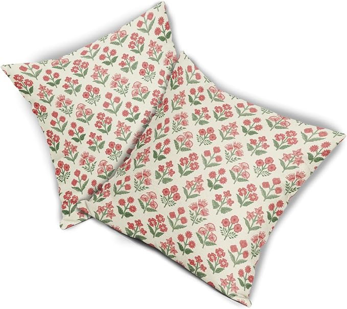 Red Green Christmas Floral Block Print Pillow Covers 18x18 Inch Set of 2, Vintage Flower Pattern Decorative Throw Pillowcases Outdoor Farmhouse Cushion Covers Holiday Rustic Sofa Couch Bed Decor