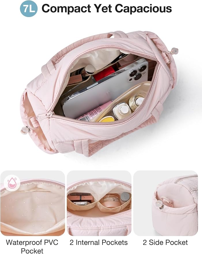 Noozion 12 Inch Mini Gym Bag for Women, Lightweight Quilted Crossbody Duffle Bag with Wet Pocket, Dual Side Pockets, Adjustable Strap, Small Workout Bag for Yoga, Pilates, Swimming & Daily Use
