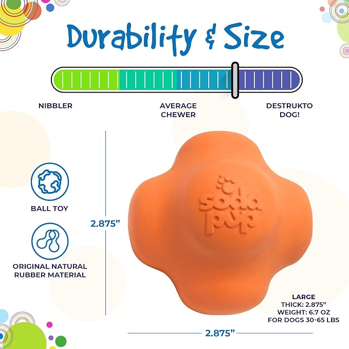 SodaPup Crazy Bounce – Durable Dog Ball Toy & Chew Toy Made in USA from Non-Toxic, Pet-Safe, Food Safe Natural Rubber Material for Bonding, Mental & Physical Exercise, Problem Chewing, & More