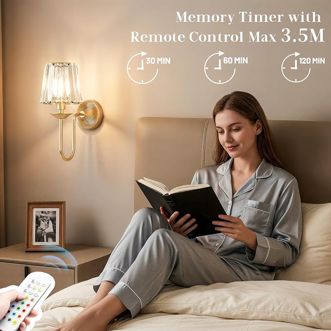 Gold Battery Operated Wall Sconces Set of Two, Crystal Wireless Rechargeable Wall Lights with Remote, Dimmable 3 CCT and 12 RGB Cordless Wall Lamps for Bedroom Living Room Hallway Decor