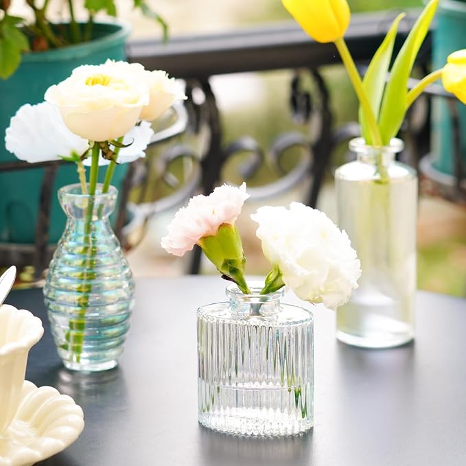 Bud Vases Set of 12, Iridescent Glass Vase for Decor Centerpieces | Small Vases for Flowers, Clear Irised Flower Vase Ribbed Modern Bud Vases Colorful Vases for Wedding Party Table Decoration
