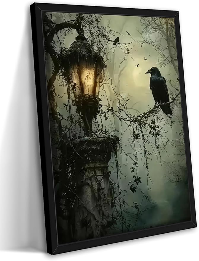 Gothic Decor Framed Wall Art, Vintage Dark Academia Canvas Prints, Horror Forest Crow Wall Decor for Living Room Bedroom Home Decor – Black Wooden Frame 12x16in