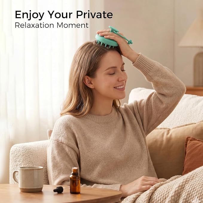 Scalp Massager Shampoo Brush, Soft Silicone Bristles Head Scrubber for Deep Cleansing, Dandruff Removal & Hair Growth, Ergonomic Exfoliator, Wet & Dry Use, Eco-Friendly Shower Brush, Green