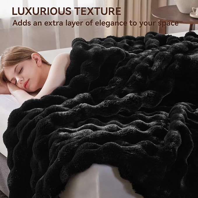 Anysay Faux Fur Throw Blanket,1000GSM Fluffy Soft Bubble Blanket 90''*104'' | Cozy Plush Warm and Thick Blanket for Couch Bed, Fuzzy Rabbit Throw for Living Room Bedroom Black