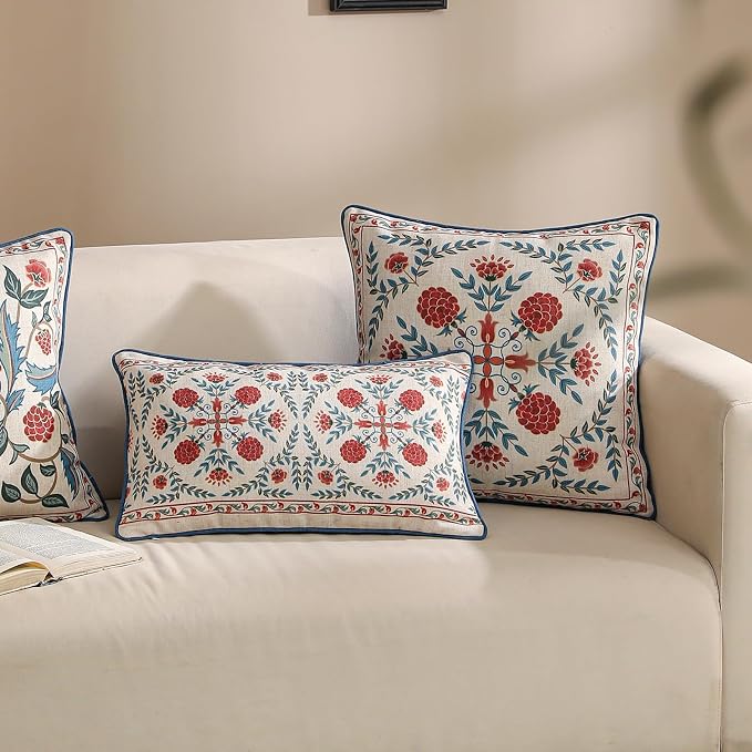 patdrea Designer French Vintage Linen Throw Pillow Cover,12"x20"-Puno D | Elegant Decorative Pillow Case with Zipper,Elegant Floral Pattern,Pillow Cover for Couch Living Room Bedroom Sofa