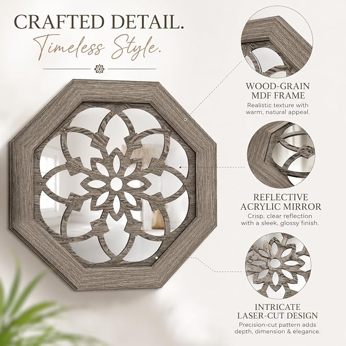 2 Pack 12 Inch Octagon Brown Rustic Wood Frame Acrylic Wall Mirrors, Farmhouse Boho Wall Art Decor for Living Room, Bedroom, Hallway, Entryway, Bathroom & Office