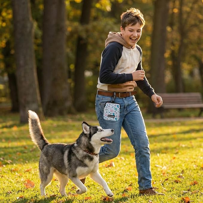 Dog Treat Pouch with Training Clicker,Waterproof Nylon Fabric Poop Bag Holders for Leashes,Hands Free Small Dog Walking Bag with Carabiner, Pet Puppy Training Walking Essentials (Dinosaur)