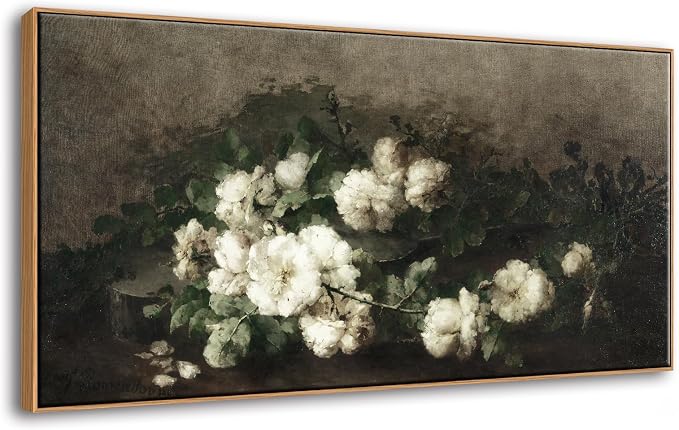 DJSYLIFE Vintage Framed Wall Art, White Rose Still Life Painting,20x40 Inch | Large Floral Canvas Print, Classic Elegant Artwork, Living Room Wall Decor, Long Picture for Bedroom Above Bed, Ready to Hang