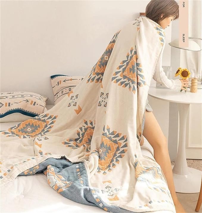 MSGKV Summer Cotton Muslin Boho Throw Blanket 60"x80" for Couch Bed | Cotton Muslin Throw, Soft Quilted Blanket, Boho Style, Couch Bed Chair Use, All Season Comfort, Gift Ready, Machine Washable