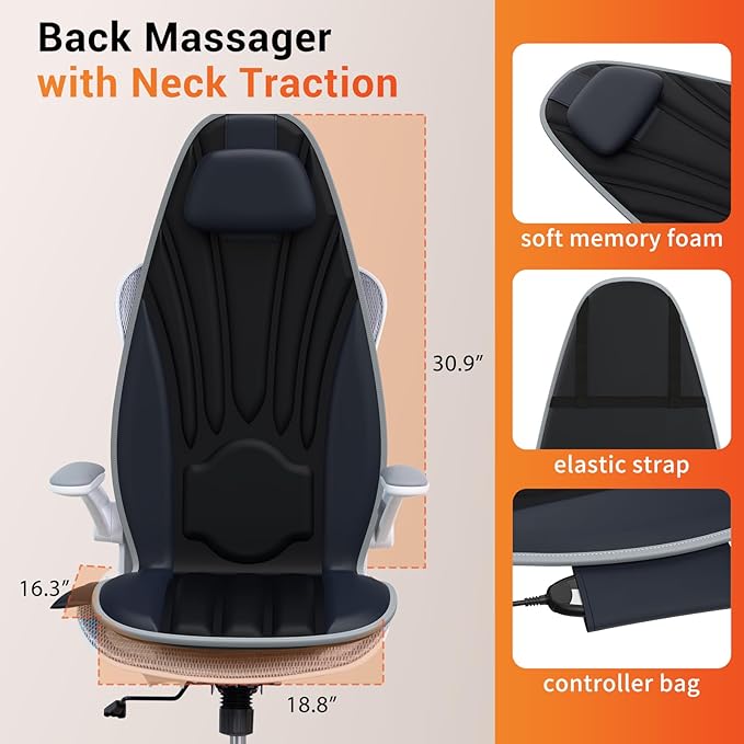 SLOTHMORE Back Massager with Heat, Full Body Massage Pad with Pillow Neck Support, Chair Massager with 3D Lumbar Support and 8 Vibration Motors, Christmas Gifts for Dad Mom, Home Office Use