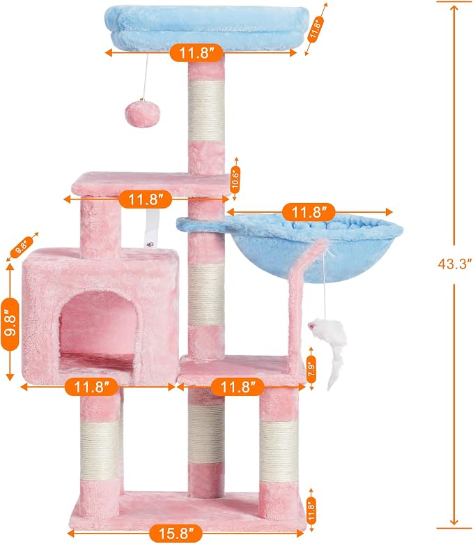 Heybly Cat Tree with Toy, 43.3 inch Cat Tower condo for Indoor Cats, Cat House with Padded Plush Perch, Cozy Hammock and Sisal Scratching Posts, Blue and Pink HCT004SBP