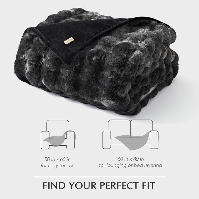Faux Rabbit Fur Bubble Throw Blanket, 50"x60", Marble Black | Ultra Soft, Luxury Faux Rabbit Fur Throw, Thick Warm Bubble Blanket, Cozy Fluffy Reversible, for Bed, Couch, Chair, Sofa