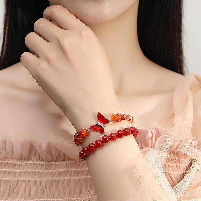 DUQGUHO 2Pcs Butterfly Bracelets for Women Healing Crystals Bracelets for Women Natural Gemstone Bead Bracelet Cute Butterfly Charm Bracelet Stretch 8mm Crystal Jewelry Gifts for Women