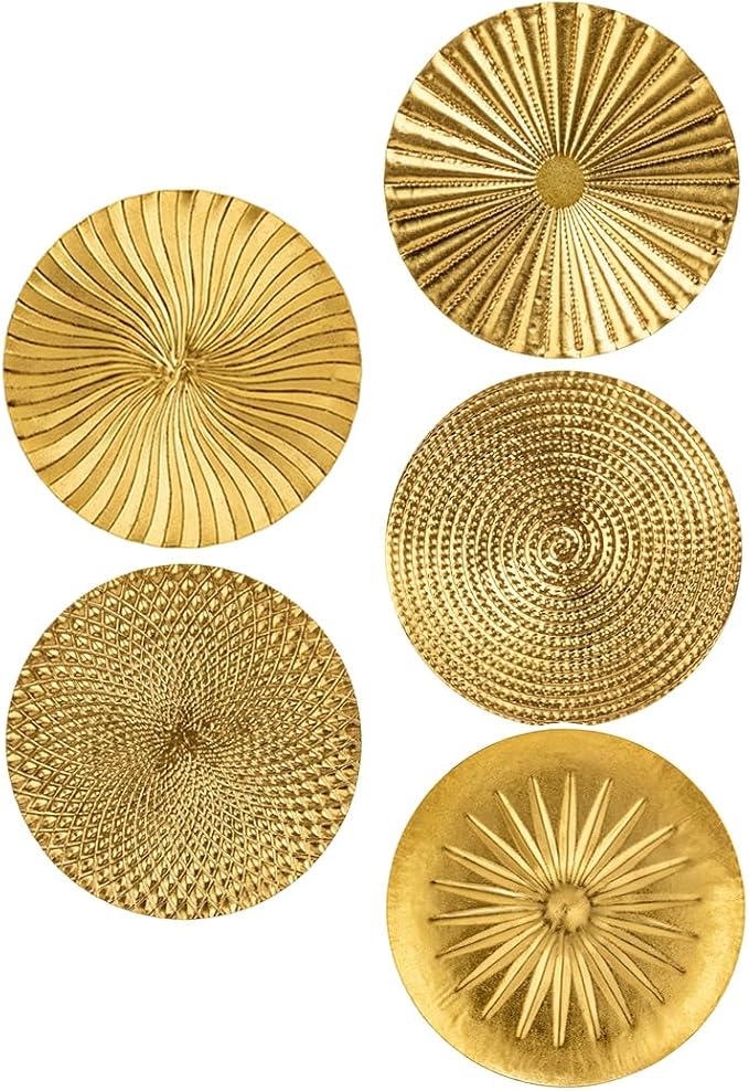 Briful 12" Gold Wall Décor Pack of 5 Metal Starbursts Radial Plate Wall Art Modern Accent Hanging Wall Decorations For Home Office Bedroom Or Living Room Sculptures