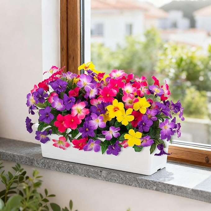 Fake Artificial Flowers for Outdoors 6 PCS Azalea Bouquet Silk Flowers for Outside UV Resistant Faux Flowers Plants for Outdoor Planters Realistic Spring Home Front Door Patio Garden Porch Decor
