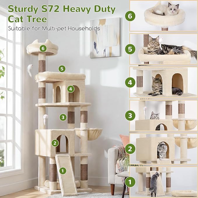 Globlazer Heavy Duty Cat Trees for Large Cats, Sturdy 72in Maine Coon Cat Tree for Large Cat 20 lbs+ Heavy Duty Cat Tower for Adult Biggest Cats with 6 Scratching Posts, Hammock, S72, Beige