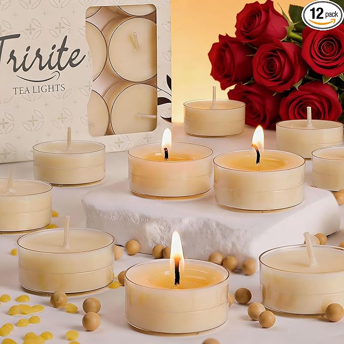 12 Pack Beeswax Tealights Candles, Rose Scented Tea Light Candle, 4 Hours White Tea Scented, Soy & Beeswax Candles with Essential & Natural Oils for Home & Party (Rose)