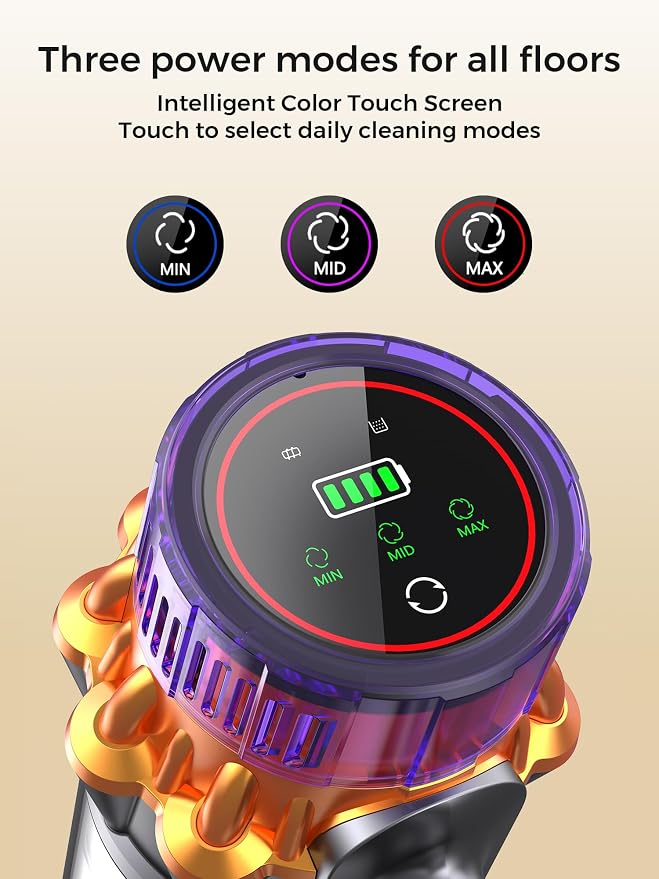Cordless Stick Vacuum Cleaner, 600W 55Kpa 70Mins for Home, Pet Hair, Carpet | Self-Standing, Anti-Tangle Brush, Touch Screen, 6-in-1 Vacuum Cleaner, Green LED Dust Reveal, HEPA Filter, 1.5L Cup for Floor