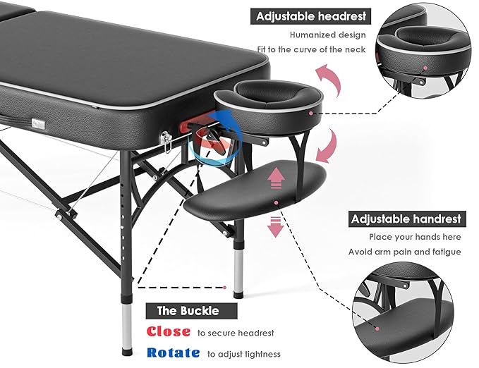 CLORIS 84" Professional Massage Table Portable Reinforced Aluminium Leg Hold Up to 1100LBS 2 Folding Lightweight Spa Salon Tattoo Massage Bed Height Adjustable with Carrying Bag Black